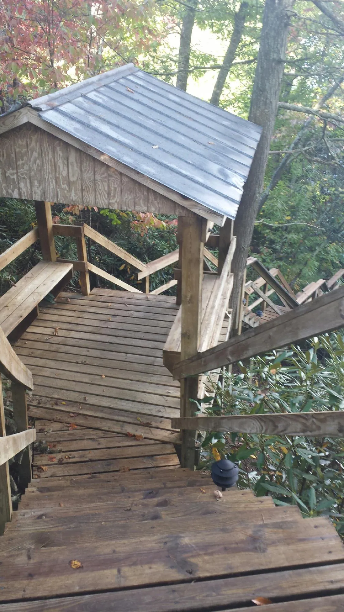 Metal roofed shelter over wooden steps on a wooded walkway — Skylight Repair & Installation work by our crew in Wimberley