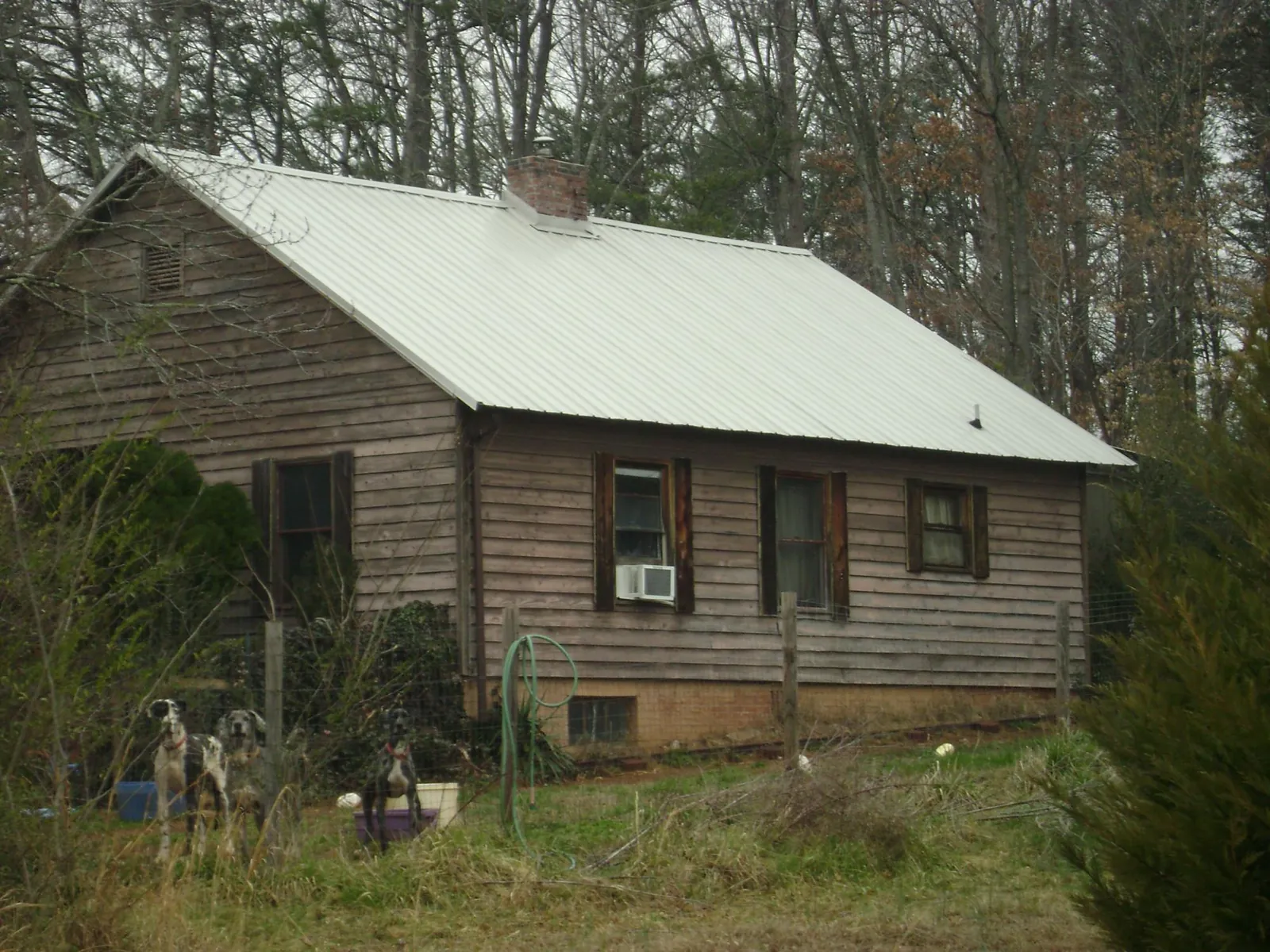 White metal roof on an old wood sided farmhouse, from a Asphalt Shingle Roof Repair job in Wimberley